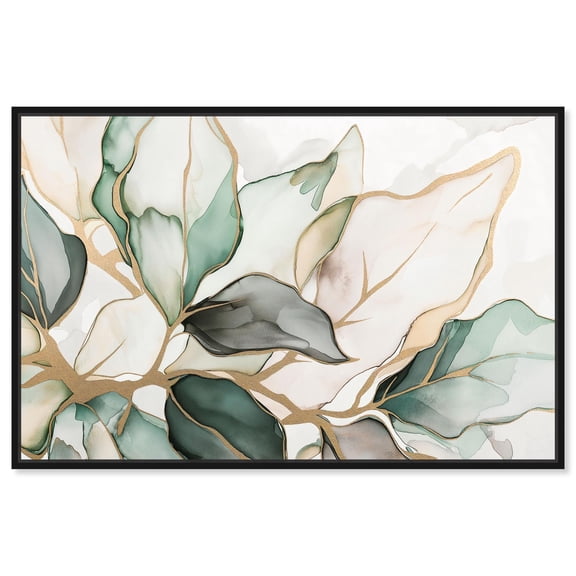 Golden Veined Leaves II Canvas Trendy Wall Art by Art Remedy, Black Frame, 15 x 10