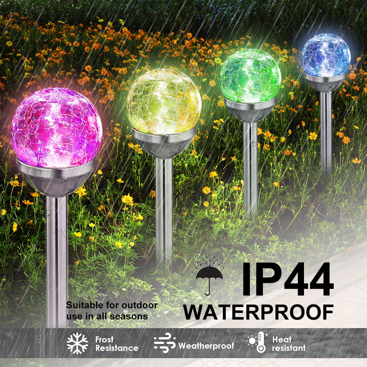 4 Pack Solar Lights Outdoor, Cracked Glass Ball Solar Garden Lights, Decorative LED Landscape Light for Patio Pathway Decor, Multicolor