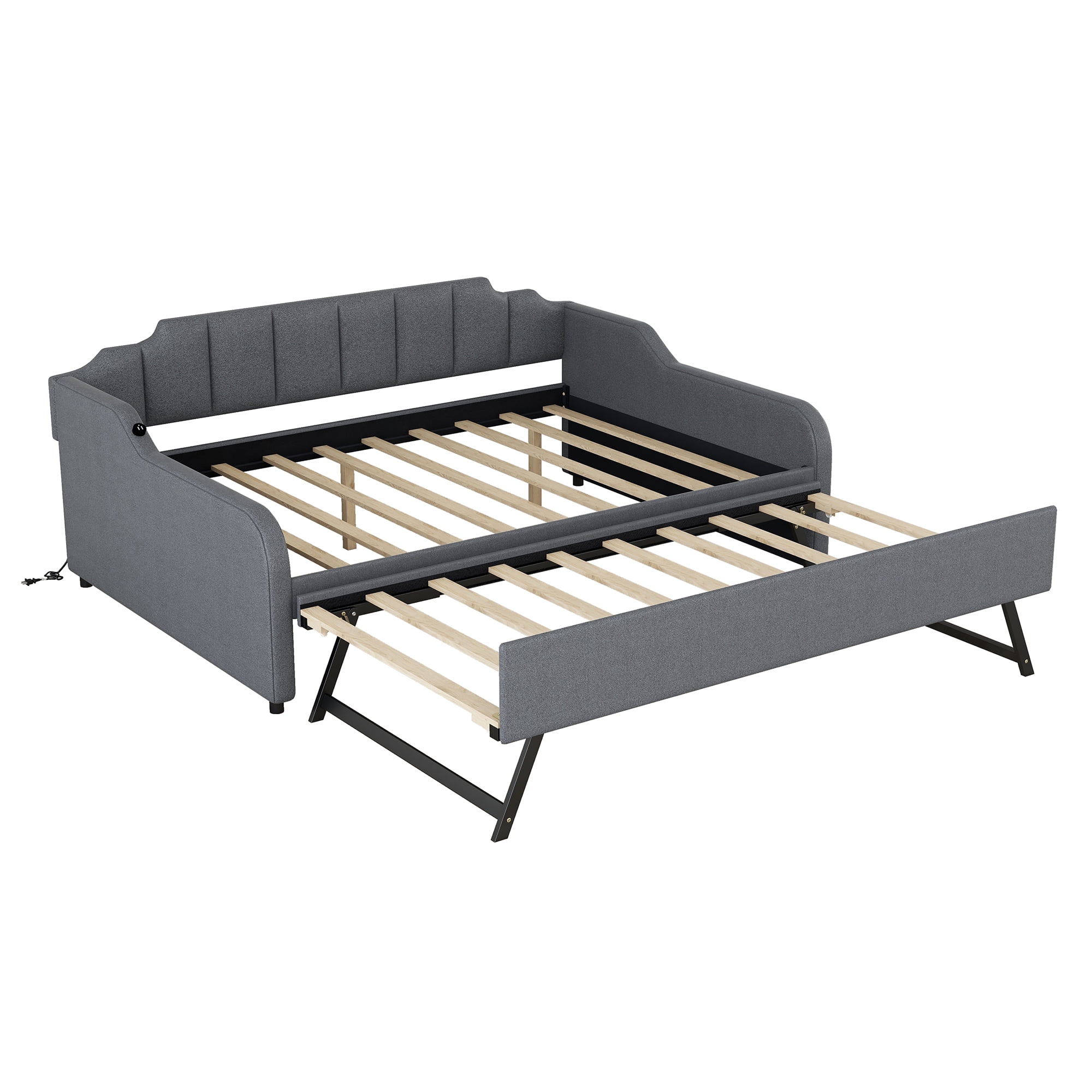 Euroco Full Size Daybed with Trundle, Upholstered with Padded Back for Kids, Gray