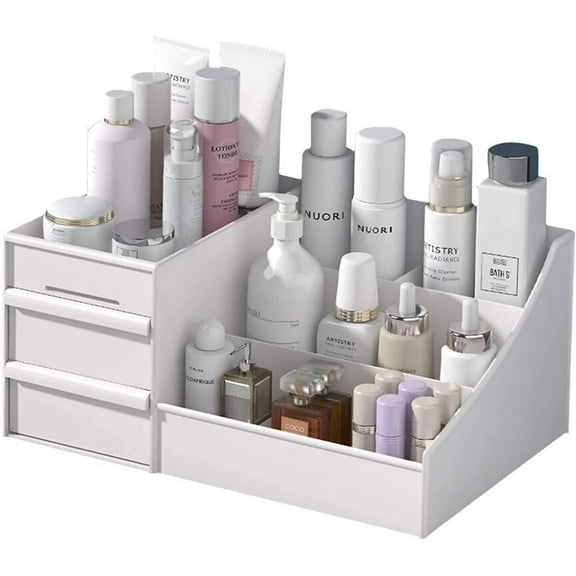 Makeup Organizer With Drawers — Countertop Organizer for Cosmetics, Vanity Holder for Lipstick, Brushes, Lotions, Eyeshadow, Nail Polish and Jewelry (White)