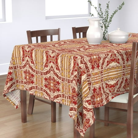 

Cotton Sateen Tablecloth 70 x 108 - Autumn Leaf Nouveau Art Ornate Scallop Fall Colors Vertical Stripe Print Custom Table Linens by Spoonflower