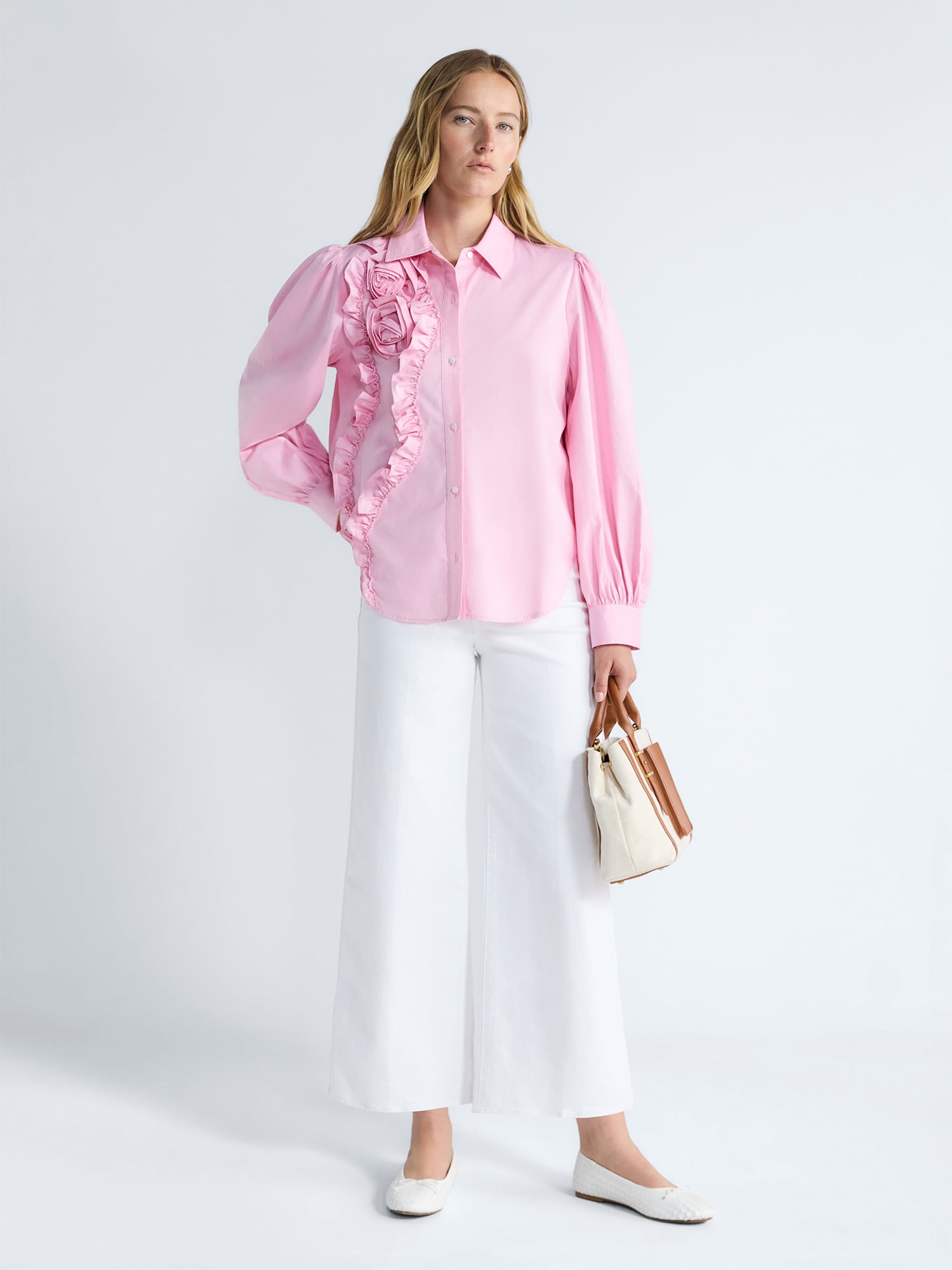 Free Assembly Women's and Women's Plus 3D Floral Cotton Shirt with Long Sleeves, Size XS-4X