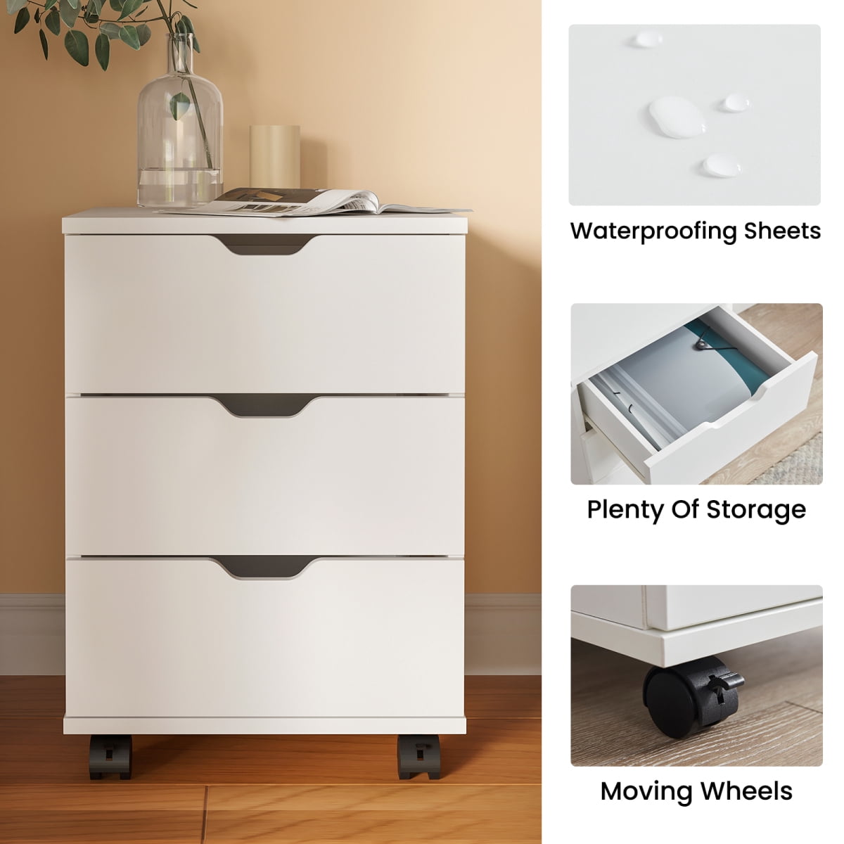 3-Drawer Vertical Filing Cabinet Rolling Wood Mobile File Cabinets Under Desk for Home Office with Casters Fully Assembled White Wood