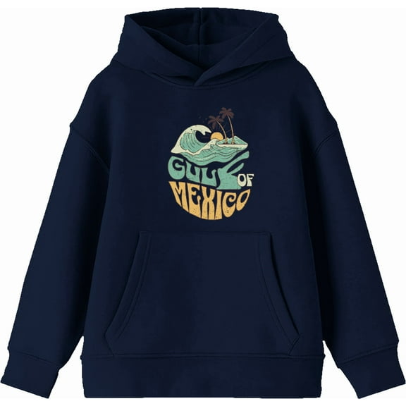 Gulf of Mexico Wave Text Youth Navy Blue Long Sleee Hoodie-XS