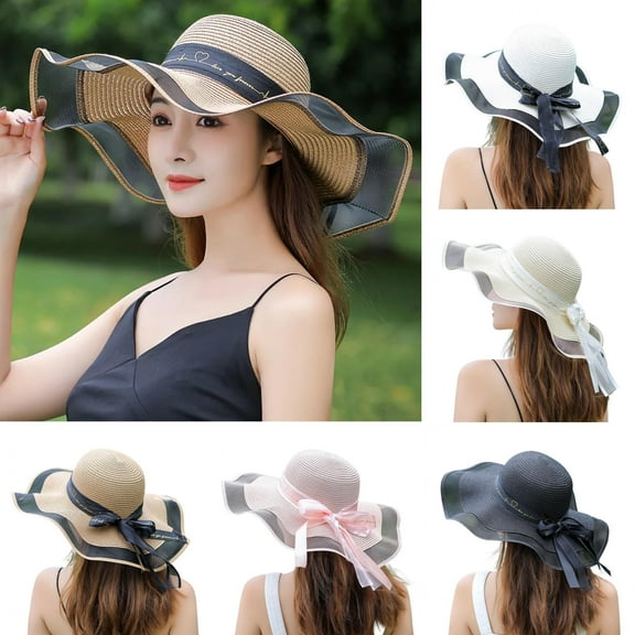 Womens Sun Straw Hat, Big Brim Hat Bowknot Summer Hat Foldable Roll up Floppy Sunhat Beach for Women