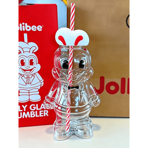 Jolly Glass Tumbler, 3D Cartoon Character Clear Drinking Cup with Red Ear Silicone Lid & Striped Straw, Novelty Beverage Container, Cute Tabletop Decor & Unique Gift for Collectors