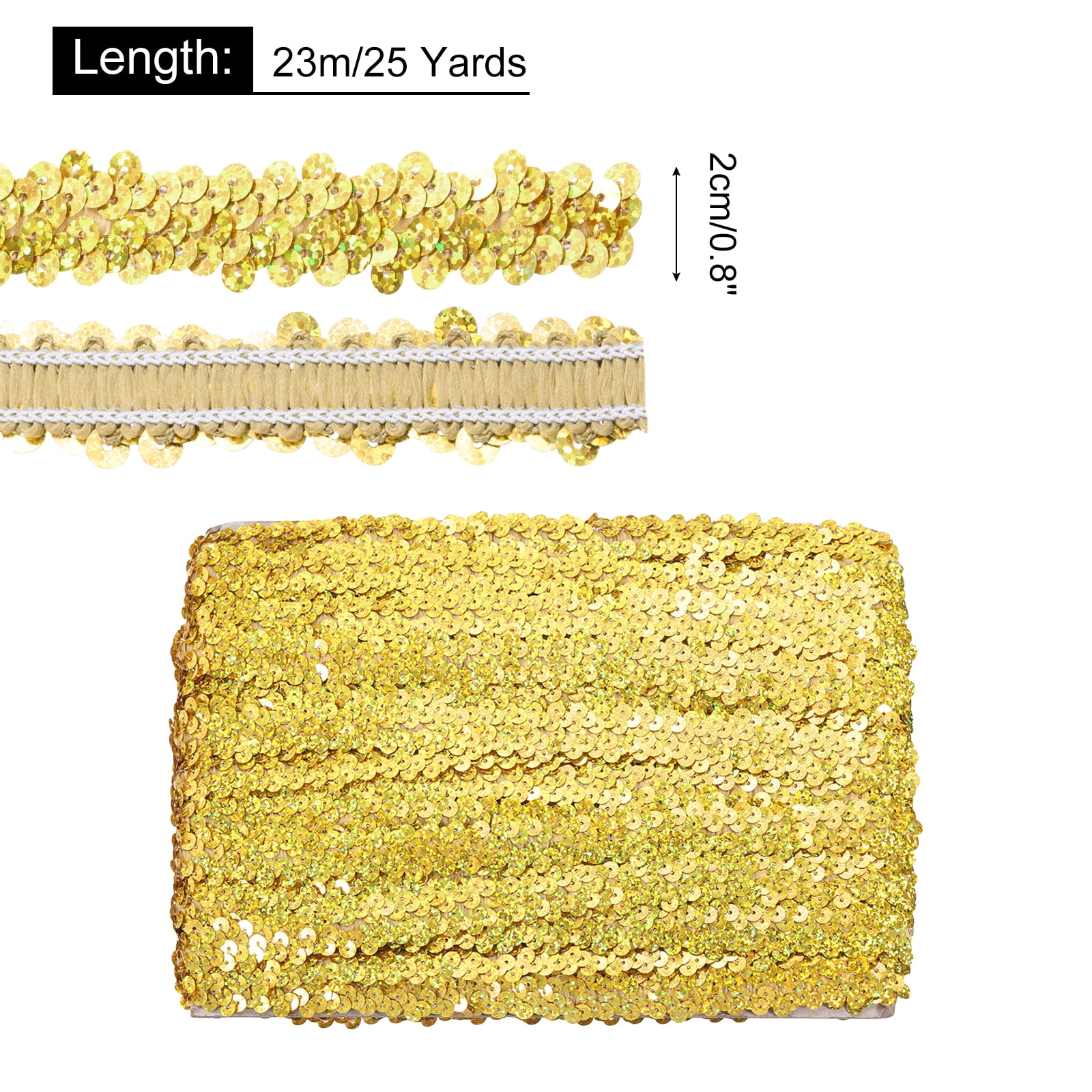 Uxcell 25 Yards 0.8 Inch Elastic Sequins Trim Flat Sequin Strip Paillette Fabric Ribbon for Crafts DIY Fringe Sewing Laser Gold