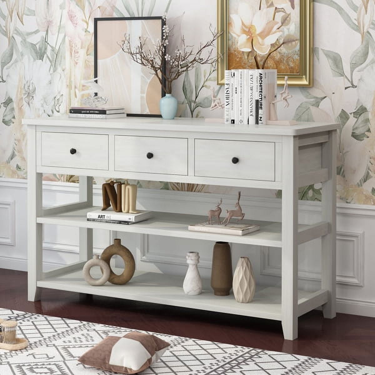 47.2" Vintage Console Table - Antique White MDF, 4 Drawers & Open Shelf, 200lb Capacity, American Country Style for Entryway, Living Room, Bedroom