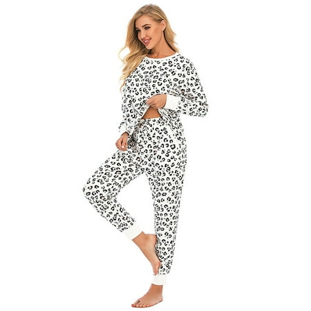 

Women Leopard Print 2 Piece Pajamas Casual Round Neck Long Sleeve Drawstring Pants PJ Set Lounge Sleepwear 2 Pieces Soft Cotton Loungewear Pj Set S-2XL White