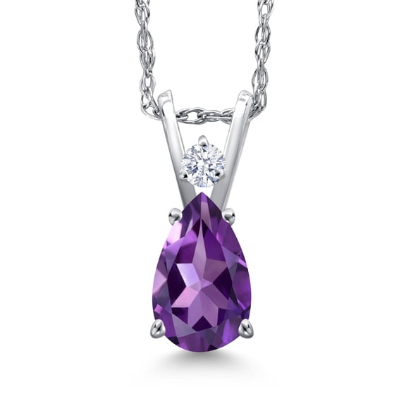 Gem Stone King 14K White Gold Purple Amethyst and White Zirconia Pendant Necklace for Women | 0.67 Cttw | Gemstone February Birthstone | Pear Shape 7X5MM | With 18 inch Chain