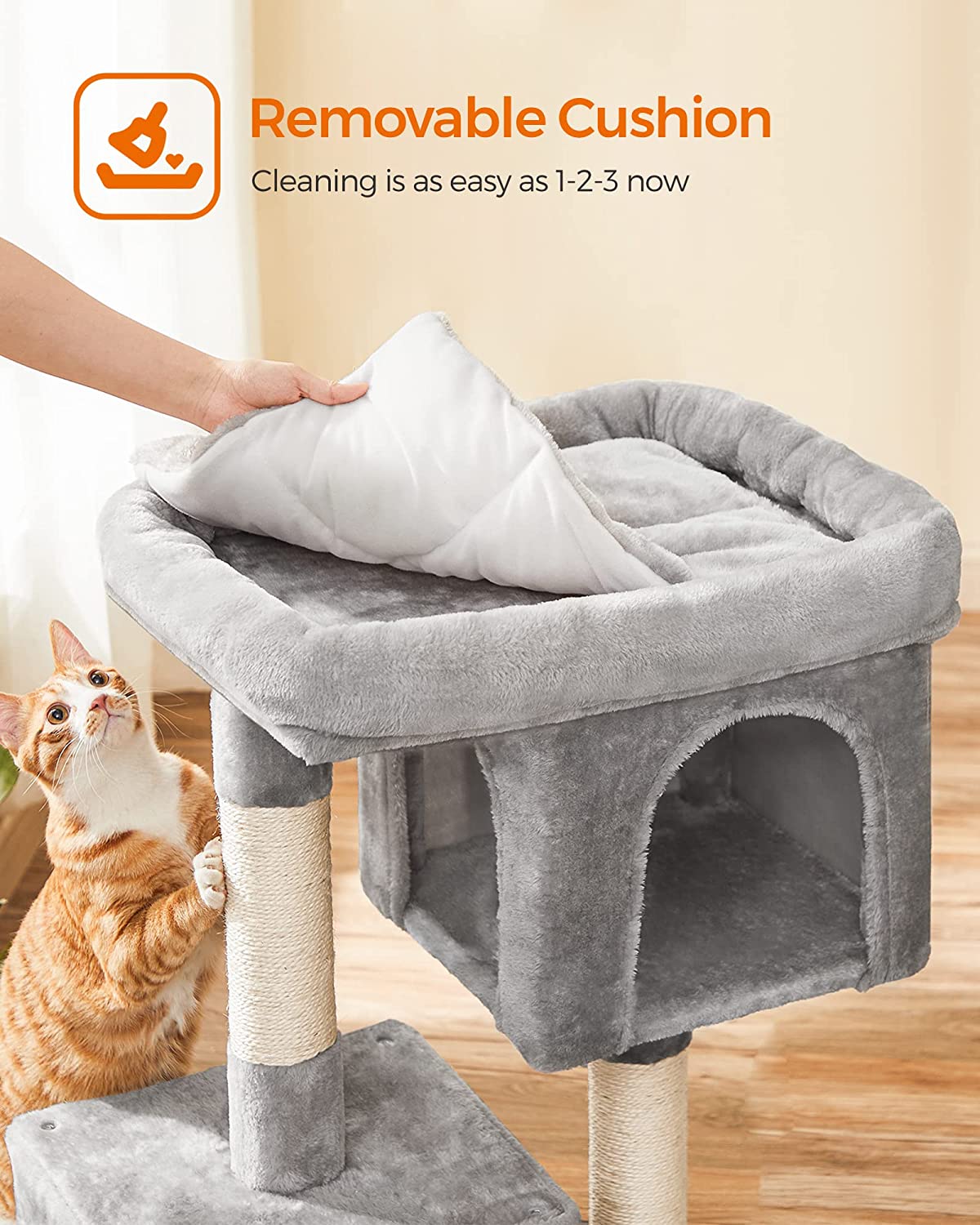 Cat Tree 33.1-Inch Cat Tower for Large Cats up to 16 lb, Large Perch, 2 Cat Caves, Scratching Post, Light Gray