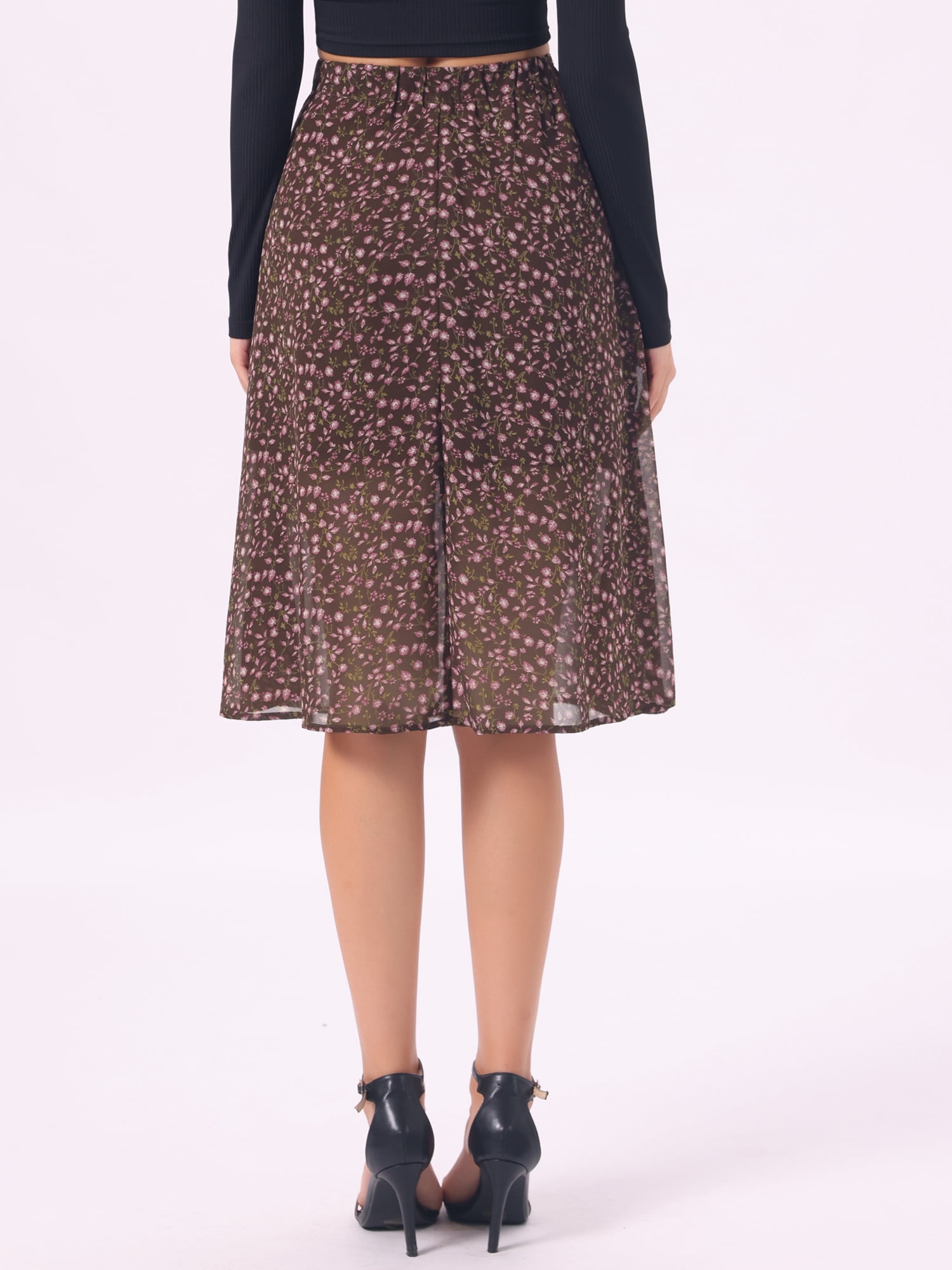 DARING DIVA Women's Floral Midi A-Line Chiffon High Waisted Skirt M Red Brown Pink