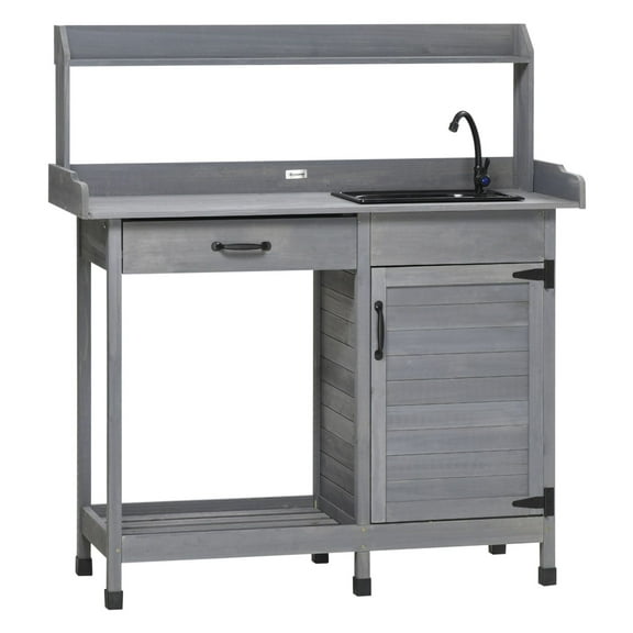 KWUXIN Outdoor Potting Bench Table with Sink, Faucet and Drawer for Greenhouse, Garden, Patio, Gray