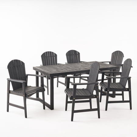 Brycen Outdoor 6 Seater Acacia Wood Adirondack Dining Set Dark Gray