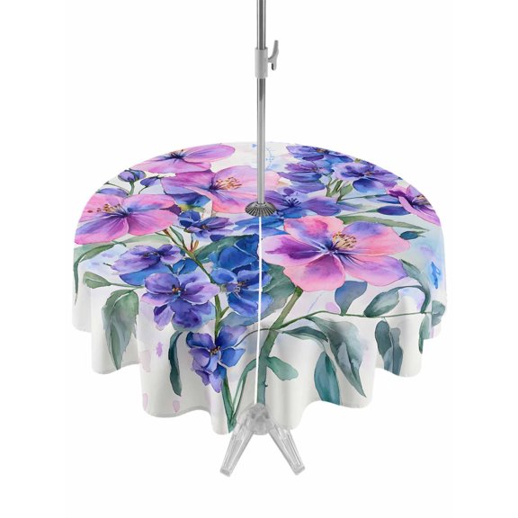 Outdoor Table Cloth with Umbrella Hole and Zipper, Purple Pink Flowers Waterproof Round Tablecloth 54 Inch, Farmhouse Watercolor Floral Washable Table Cover for Outside Party Patio Picnic