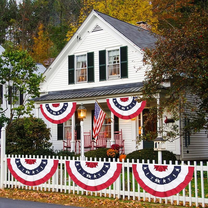 6 Pieces USA Pleated Fan Flag, 1.5x3 ft American US Bunting Flag Patriotic Half Fan Banner Flag for 4th of July Memorial Indoor Outdoor Decoration with Canvas Header and Brass Grommets
