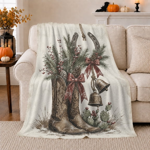 Cowboy Boots with Bells and Winter Greenery, Rustic Holiday Style for Western Lovers, Holly Branch Scene and Christmas Gift, Soft Flannel Blanket for Sofa and Cabin, Western Home Decor