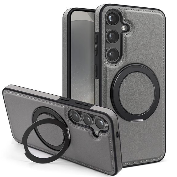 3-in-1 [Magnetic KickStand Ring Holder] for Samsung Galaxy S26 PU Leather Case, Compatible with MagSafe, Invisible 360° Rotatable Ring Stand Shockproof Protective Magnetic Cover,Grey