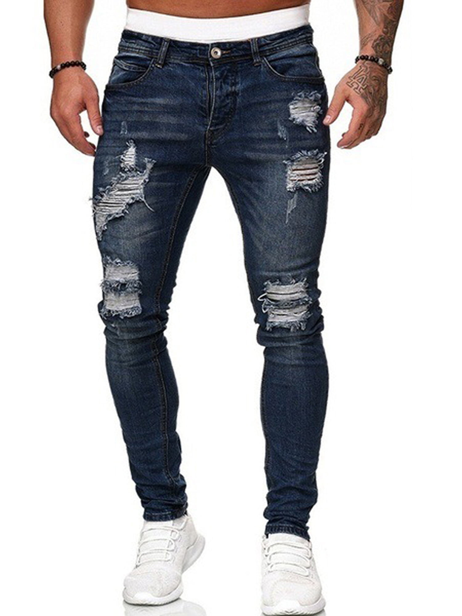 CenturyX Men's Skinny Distressed Jeans Destroyed Knee Holes Slim Tapered Leg Jeans Dark Blue L - Walmart.com