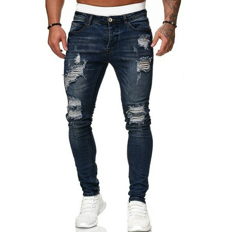 CenturyX Men's Skinny Distressed Jeans Destroyed Stretchy Knee Holes Slim Tapered Leg Jeans Dark Walmart.com