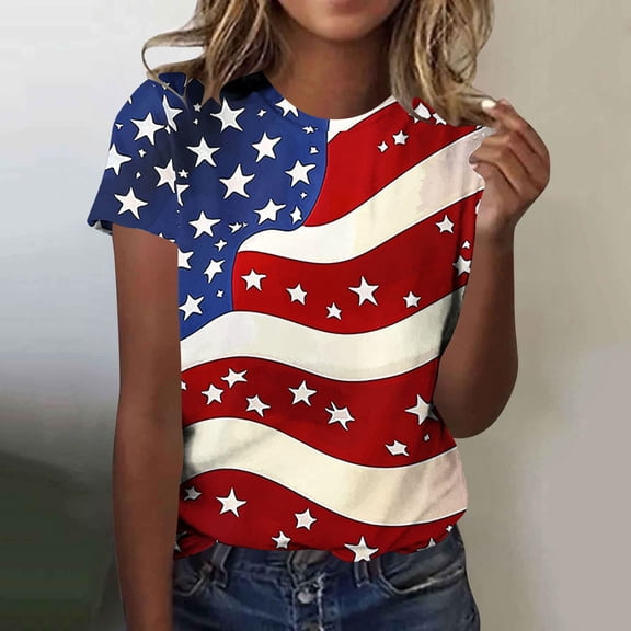 Zivyakyron T Shirts for Women American Flag Independence Day Tops for Ladies Graphic Loose Casual Short Sleeve Clothes