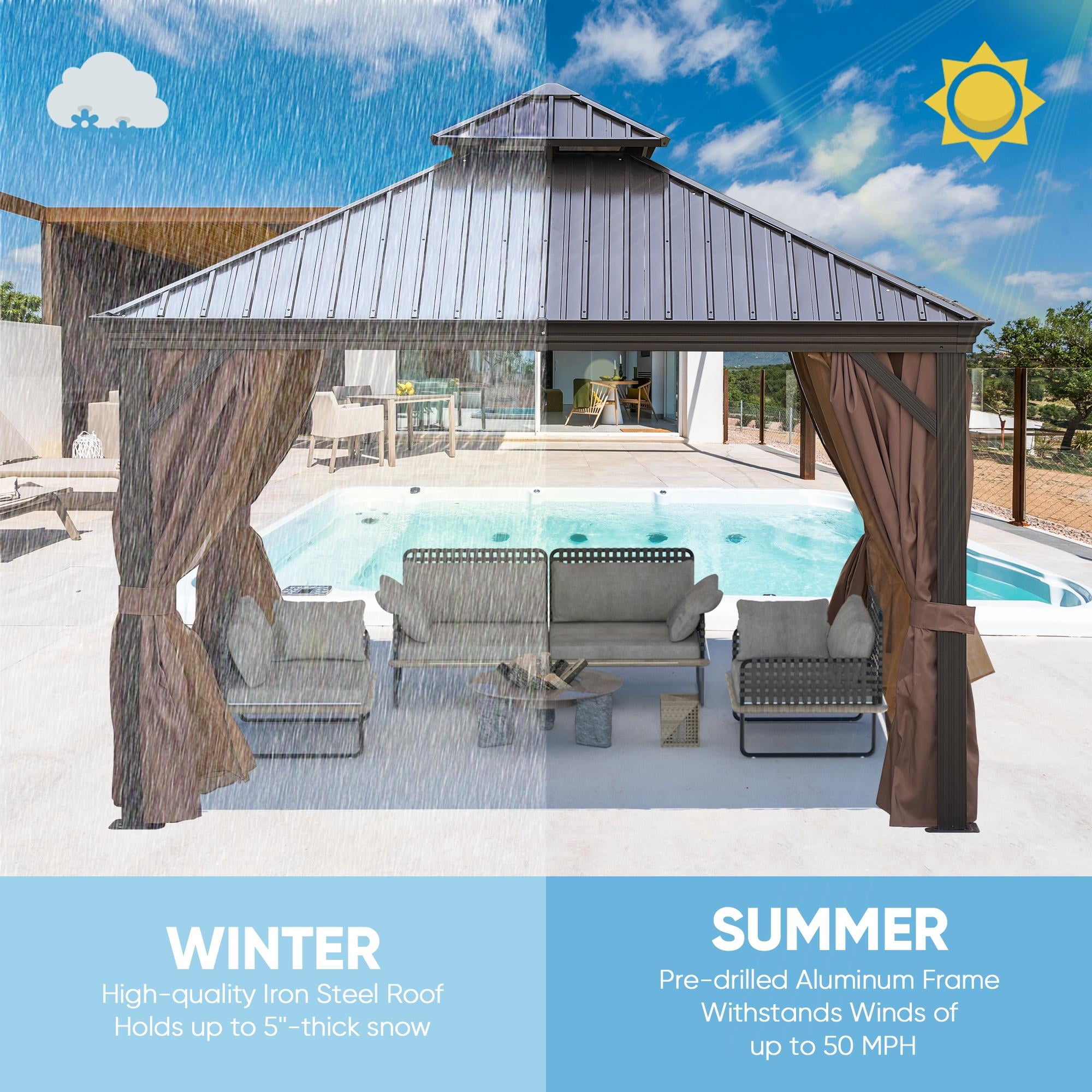 Segmart 12' x 12' Patio Hardtop Gazebo, Outdoor Galvanized Steel Aluminum Metal Double Roof Gazebo with Netting and Curtains, Permanent Patio Gazebo Pavilion for Backyard, Deck, Lawn, Gray