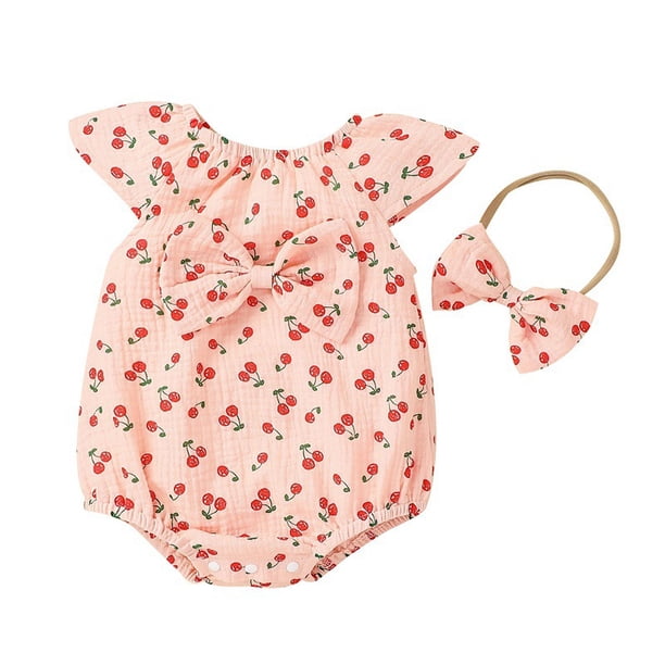 Gibobby Mameluco para niño Bebés recién nacidos Niñas Verano Ropa de verano para niños Crepé de algodón Estampado completo Triángulo de cereza Hayi Manga vola(Rosa, 12-18M)