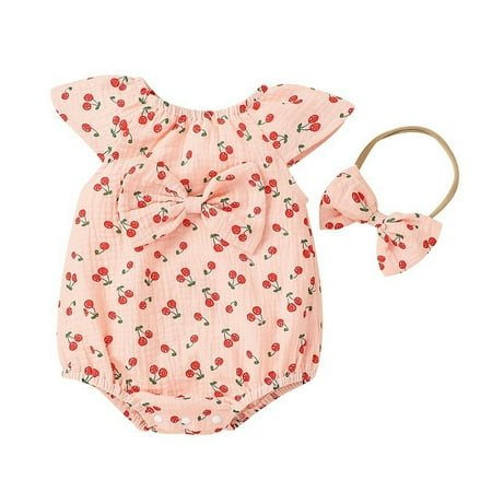 

Babys Girls Romper Summer Children s Clothes Cotton Crepe Full Print Cherry Triangle Hayi Flying Sleeve Girl s Bag Fart Baby Clothes