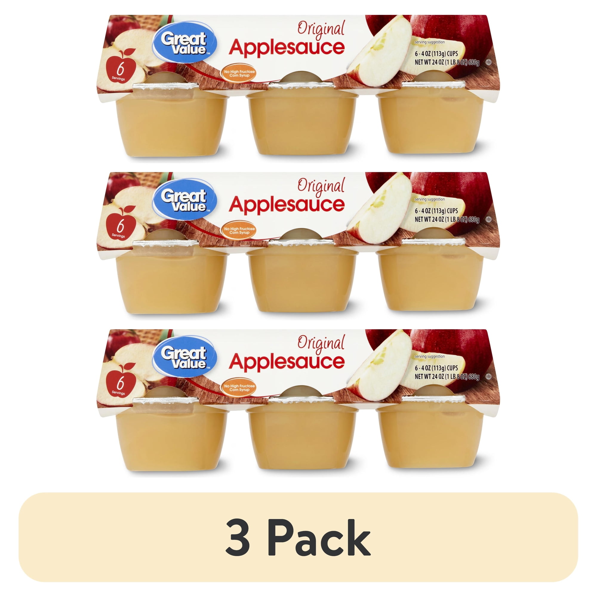 (3 pack) Great Value Original Applesauce, 4 oz, 6 Count