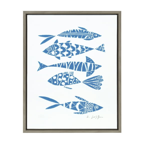 Kate and Laurel Sylvie Blue Fish Linocut Print Framed Canvas Wall Art by Giuliana Lazzerini, 18x24 Gray