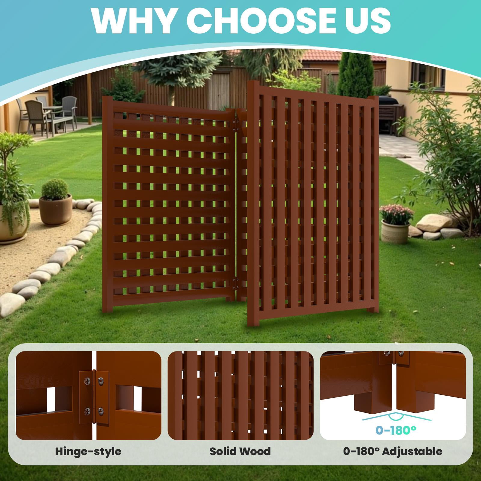Lattice Brown 3-Panel Privacy Screen, Solid Wood Decorative Fences, Weather Resistant Air Conditioner Fence, Trash Can Enclosure, Spliced Ac Unit Fence for Patio Garden Flower Bed Animal Barrier