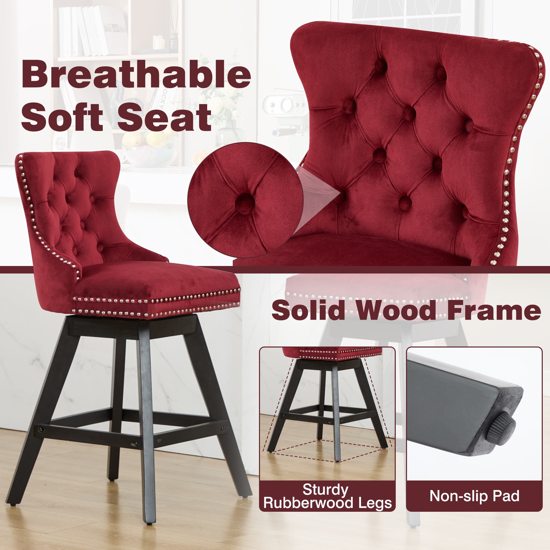 Swivel Bar Stools Set of 2, Velvet Counter Height Bar Stools with Back, Swivel Dining Chair with Button Tufted and Wooden Legs, Kitchen Chair Counter Stools for Kitchen Island Kitchen Counter, Red