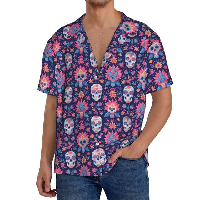 Fotbe leaf flower Skull colorful Camisa Estampada de Manga Corta para Hombre, Casual de Verano, Estilo Playero, Sin Arrugas-X-Large