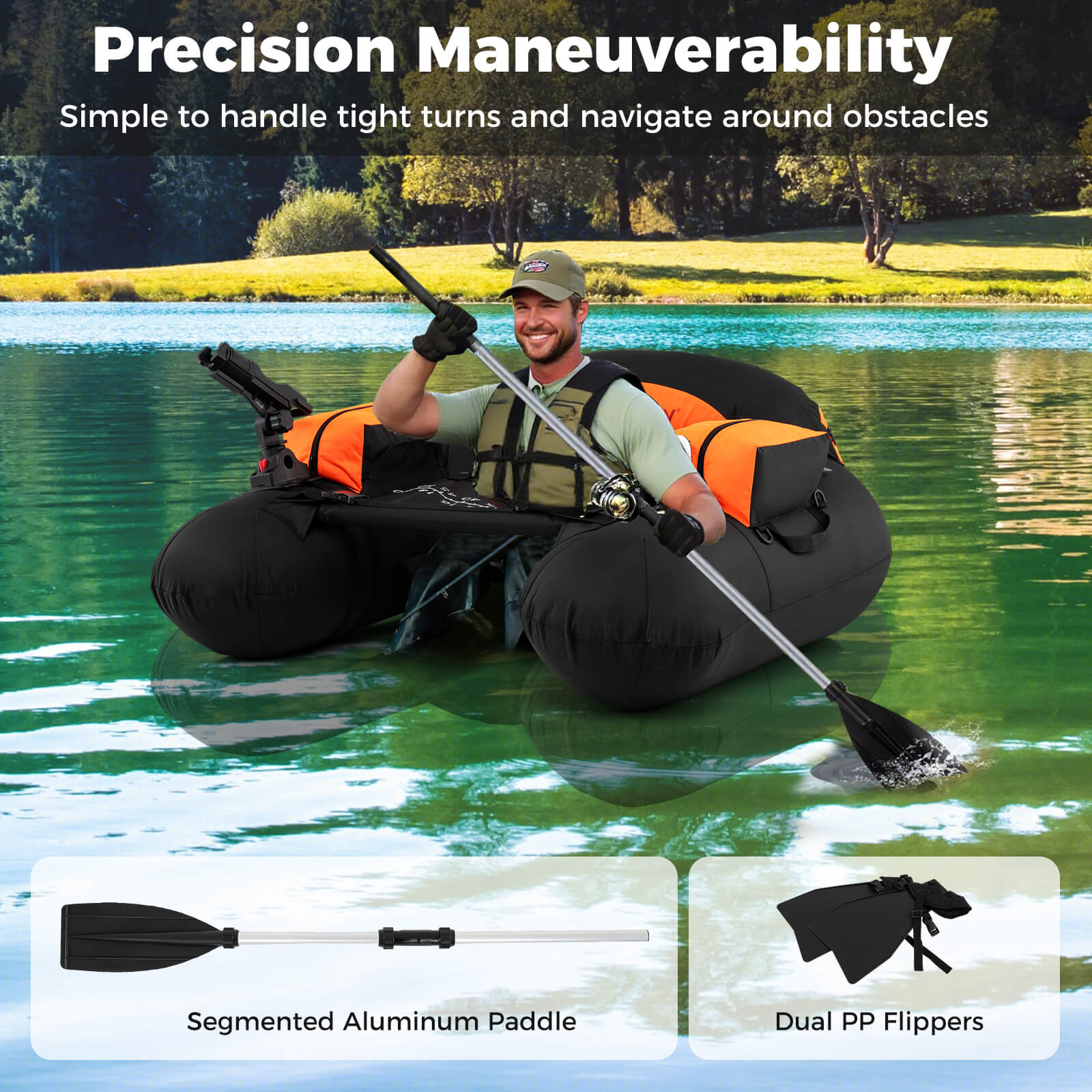 Costway Inflatable Float Tube with Adjustable Fishing Rod Holder Fish Hook Stator Flippers Orange