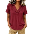 thumbnail image 3 of VBVC Women's Gingham V Neck Short Sleeve Top , Ladies' Relaxed Fit Collared Blouse , Casual Summer Loose Tunic Shirt For Women, Wine , XS-4XL, 3 of 6