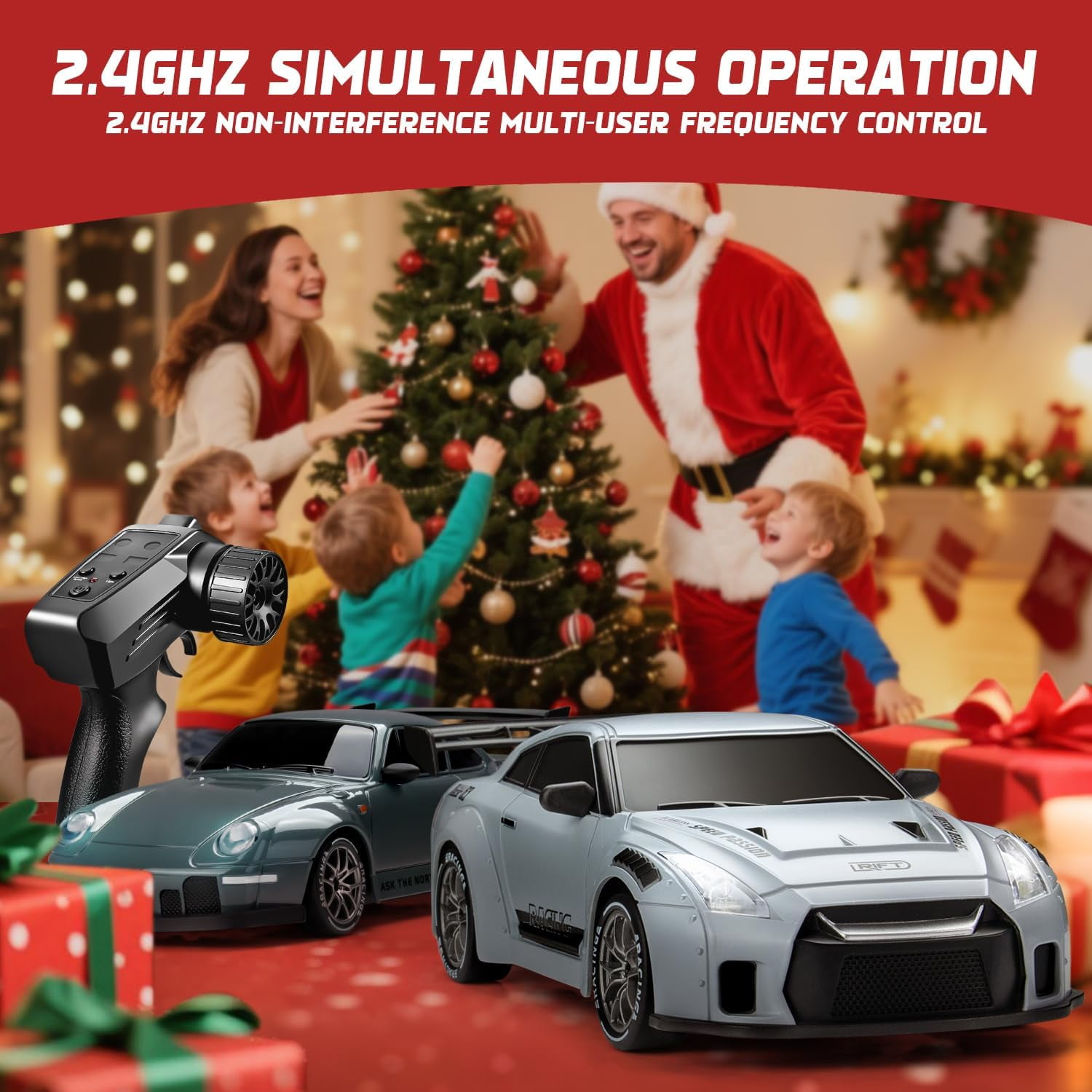 Track Seven RC Drift Car, 1:24 Scale Remote Control Vehicle with LED Lights, 2.4GHz 20KM/H 4WD High Speed RC Cars, Drifting Tires＆Two Batteries, Racing Sports Toy Idea Gift for Adults Boys Girls