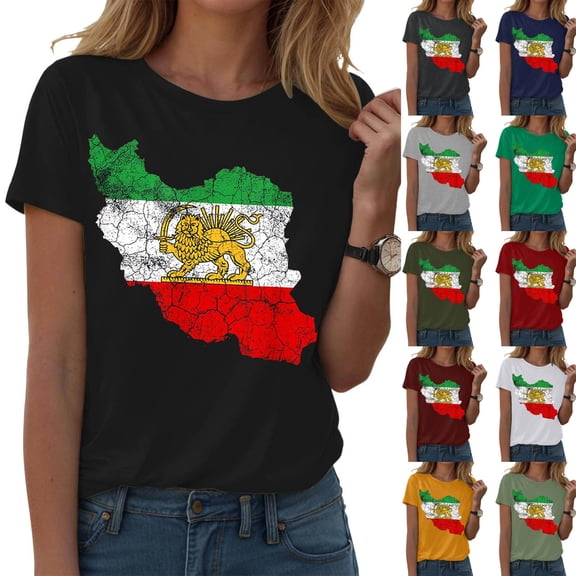 GEWSEY Women's Iran Map with Lion and Sun Emblem Vintage Persian Heritage V-Neck T-Shirt (Gold, L)