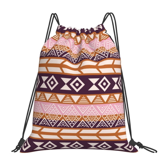 TEQUAN Drawstring Backpack Sports Gym Sackpack, Retro Aboriginal Tribe Style Pink Prints Polyester Water Resistant String Bag for Women Men