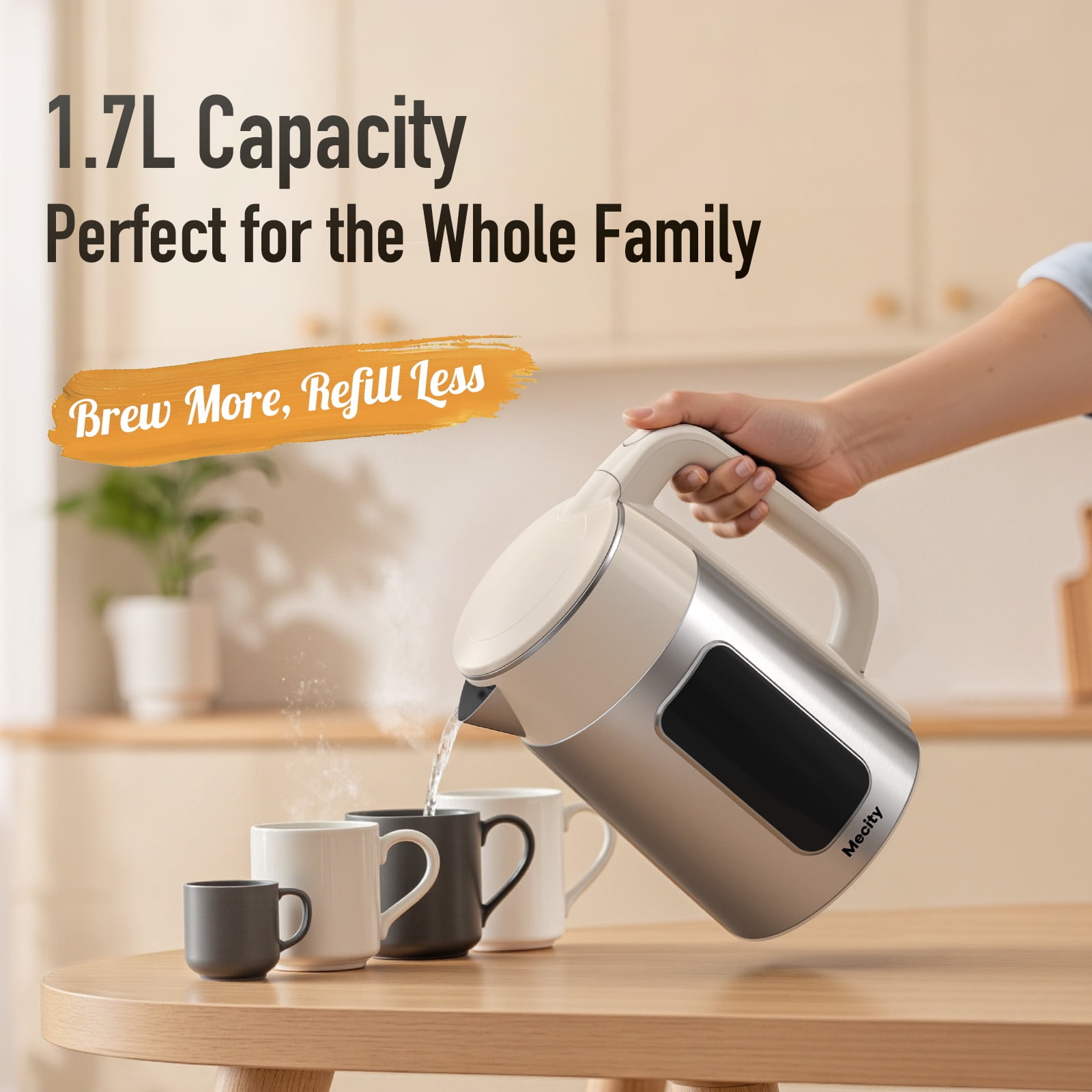 Mecity Electric Kettle Touch Screen Temperature Control Water Boiler, 6 Preset Temperature Programs, 2 Hours Keep Warm, 1.7 Liter, Cream White with Stainless Steel Body