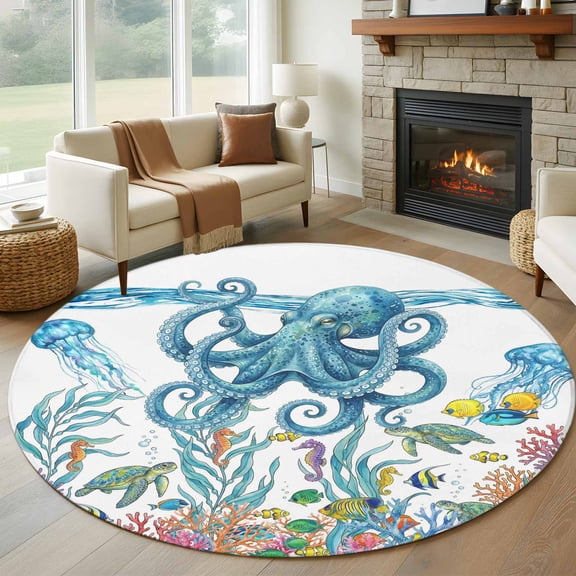 Marine Life Round Area Rug 5Ft Washable Circle Rugs for Living Room Bedroom, Summer Ocean Coral Octopus Jellyfish Seaweed Non-Slip Carpet Floor Mats Indoor Outdoor Carpet Runner Aesthetic Home Decor