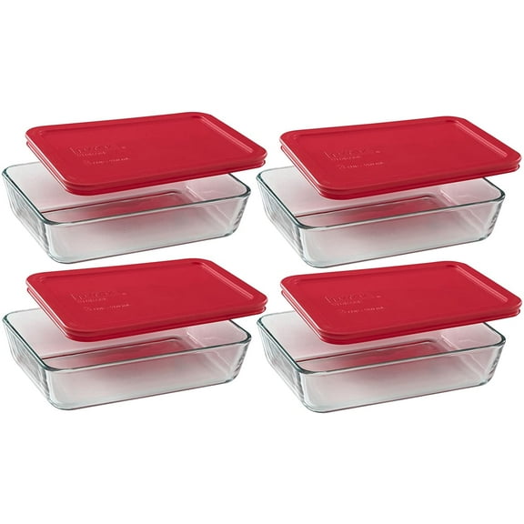Pyrex (4) 7210 3-Cup Glass Dishes & (4) 7210-PC Red Lids