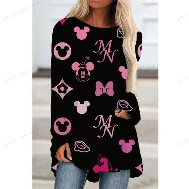 Elegant Women's musical note Print Long Sleeve Tees Tshirts Ladies Disney Mickey Mouse Casual Streewear O-Neck Fashion T-shirts4XL Gao Jinjia LED