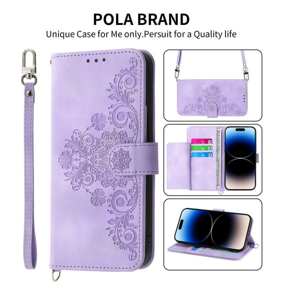 Jiahe Cover Case Compatible With iPhone 14 Pro,Magnetic Wallet Flip Cover with Card Holder Kickstand Design Crossbody Strap Embossed PU Leather Folio Cover for iPhone 14 Pro, Purple