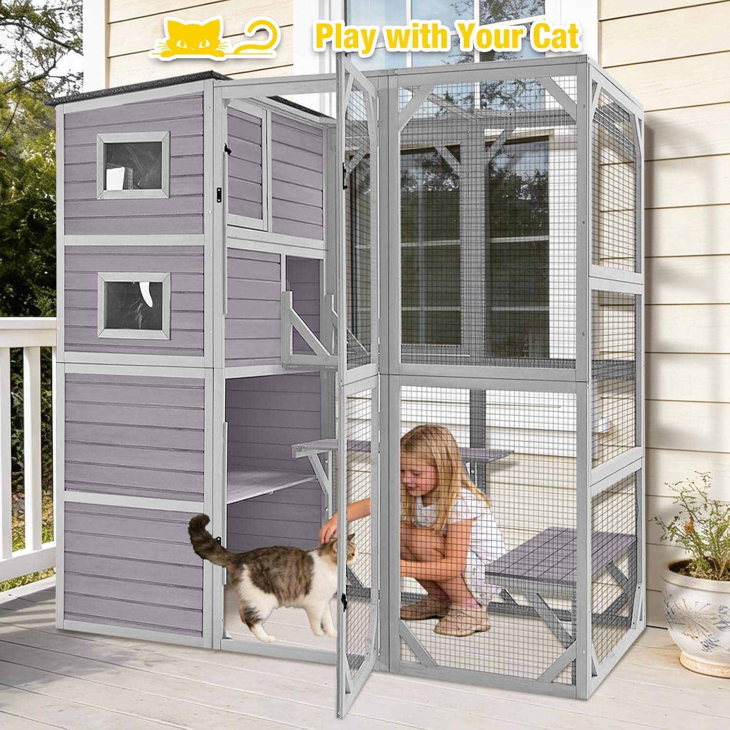 Aivituvin 70" Tall Catio Outdoor Cat Enclosure, Large Wooden Cat House with Waterproof Roof & 3-Tier Platforms, Walk-in Outside Cat Patio with Connectable Window Door for Multiple Cats (Grey)