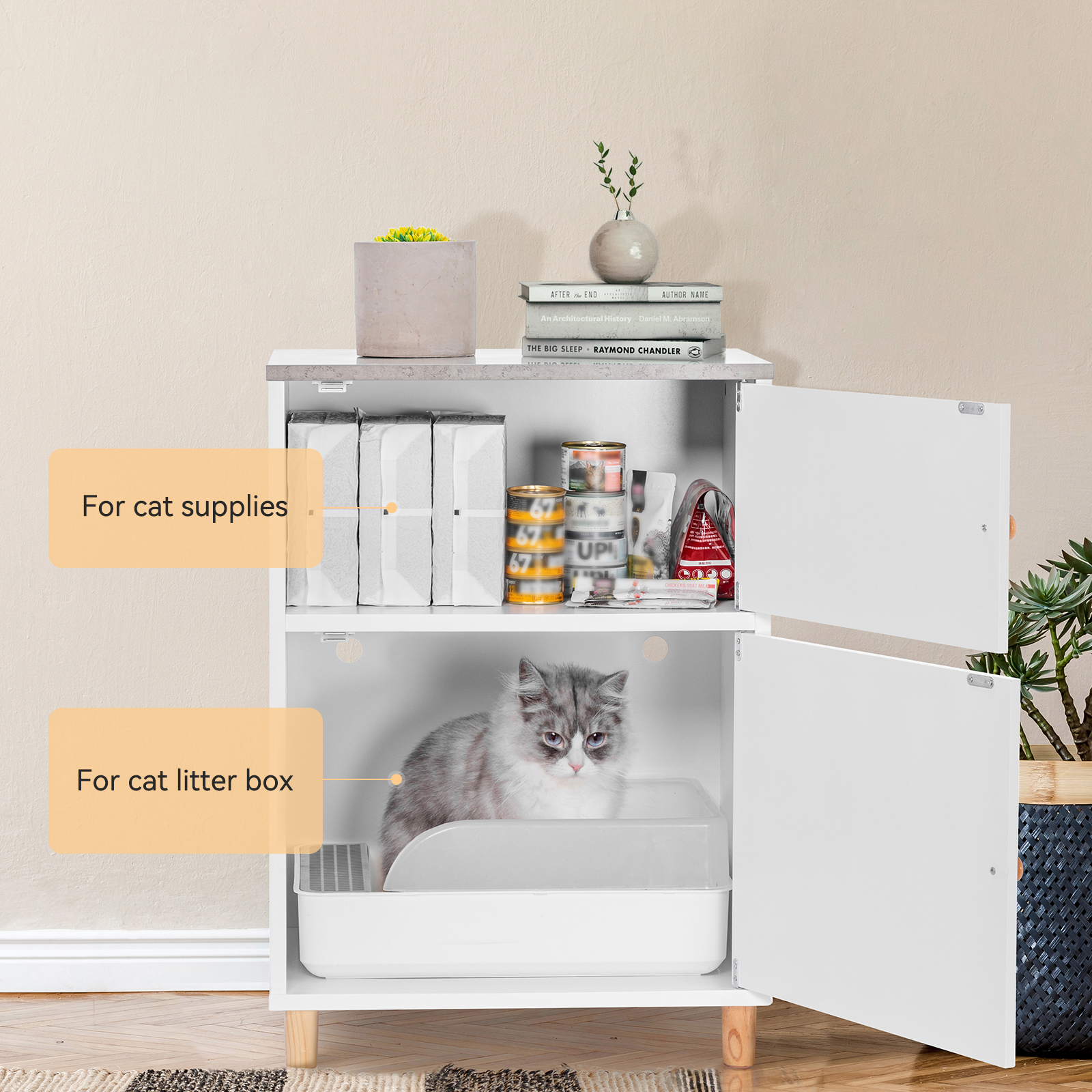 PETSFIT Cat Litter Box Enclosure, Odor-Free Design, Storage Cabinet, Easy-Clean, and Stylish Hidden Cat Litter Box Furniture White