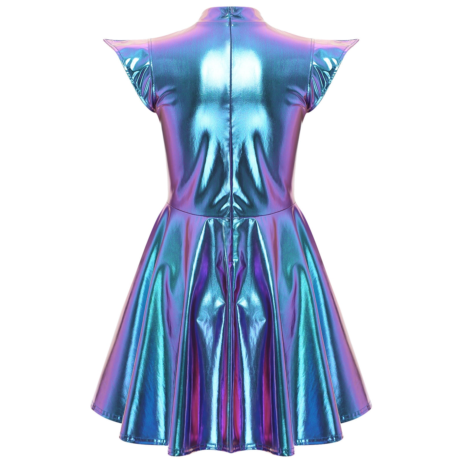 TiaoBug Women's Metallic Sleeveless Club Disco Holographic Dress Wet Look Pleated Dresses Blue L