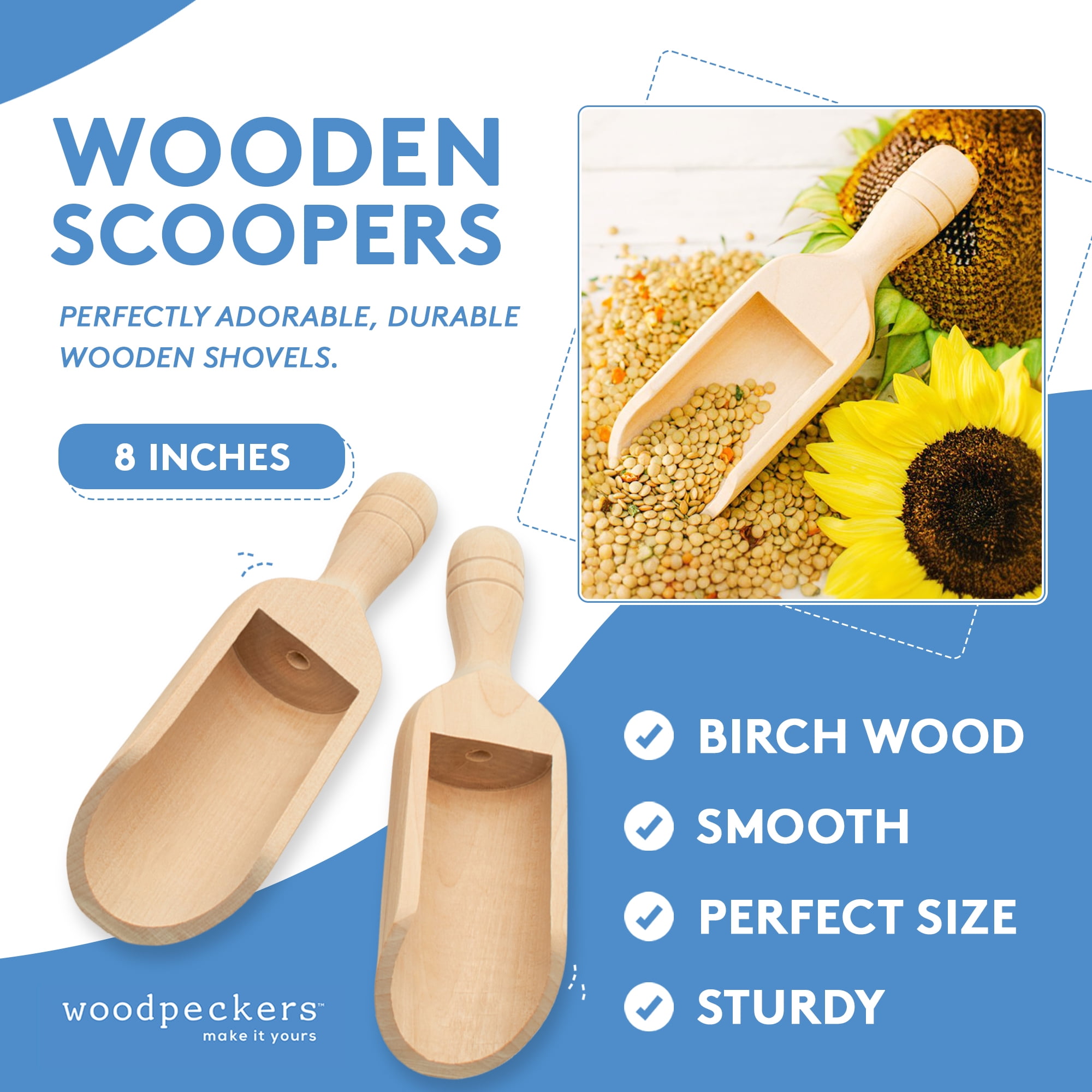 Mini Wooden Scoopers Assorted Sizes, Unfinished, for Bath Salts & Jars, Woodpeckers