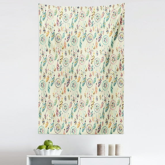 Feather Tapestry, Traditional Tribal Folk Inspiration Dreamcatchers Symbolic Print, Fabric Wall Hanging Decor for Bedroom Living Room Dorm, 5 Sizes, Multicolor, by Ambesonne