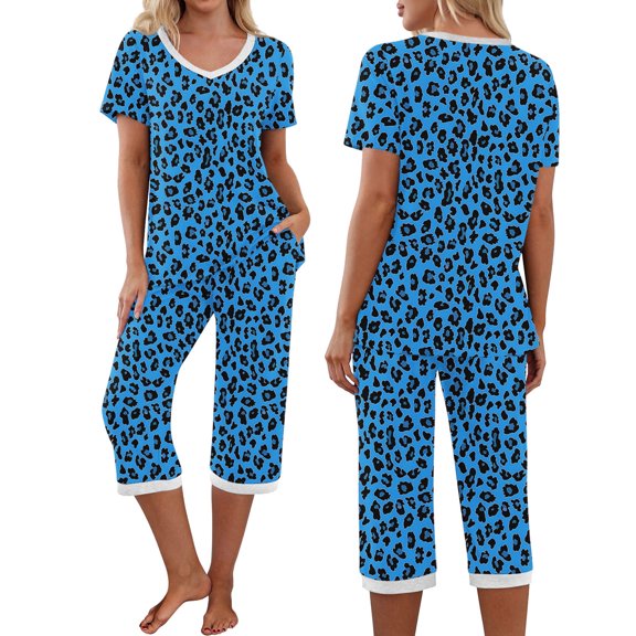 Juslio Pajamas for Women with Pockets Homewear Print V-Neck Tops and Capris Fashion 2 Piece Matching Pajamas Sets L