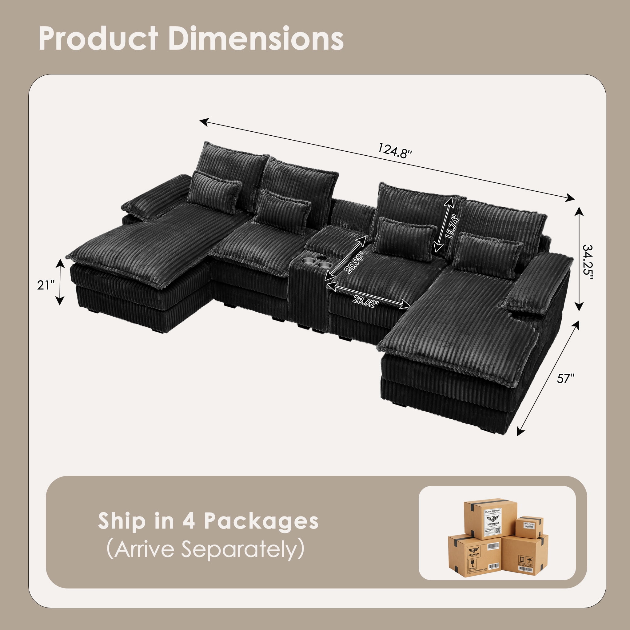 Avobird Oversided 124" U Shaped Cloud Couch Sectional, DeepSeat Sofa Bed with USB Charging, Hidden Storage, Cup Holders & Chenille Double Chaise, Gray